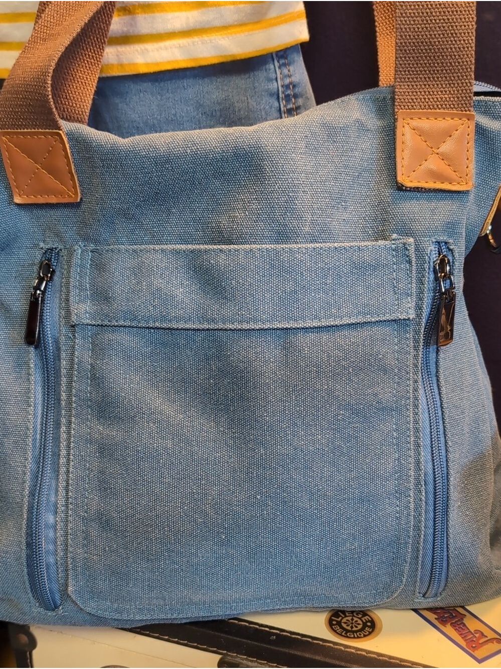 Canvas Tote Bag with Front Side Zip Pockets - Denim Blue - Picture 3 of 11